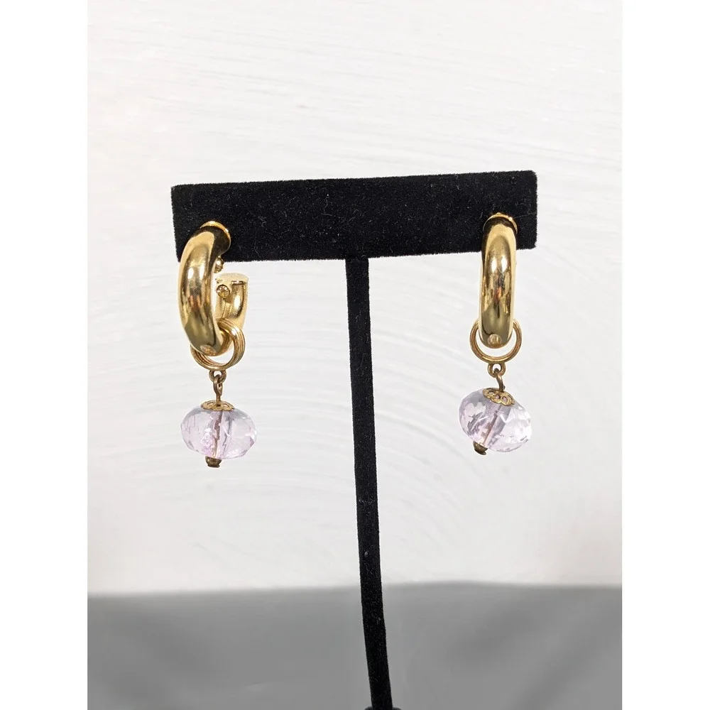 Vintage‎ Pink Lucite Drop Hoop Earrings Gold Tone Retro Charm Dangle